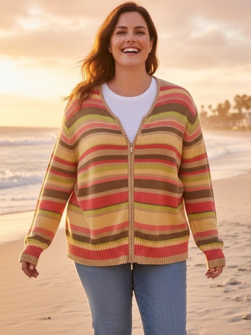 Talbots Multi-Color Striped Zip-Front Cardigan  Cotton Plus Size 1X